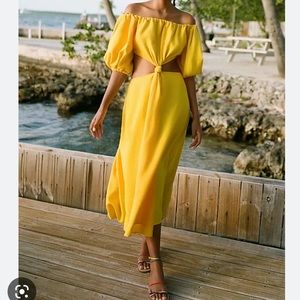 Farm Rio Off The Shoulder Knotted Cut Out Midi Dress Yellow